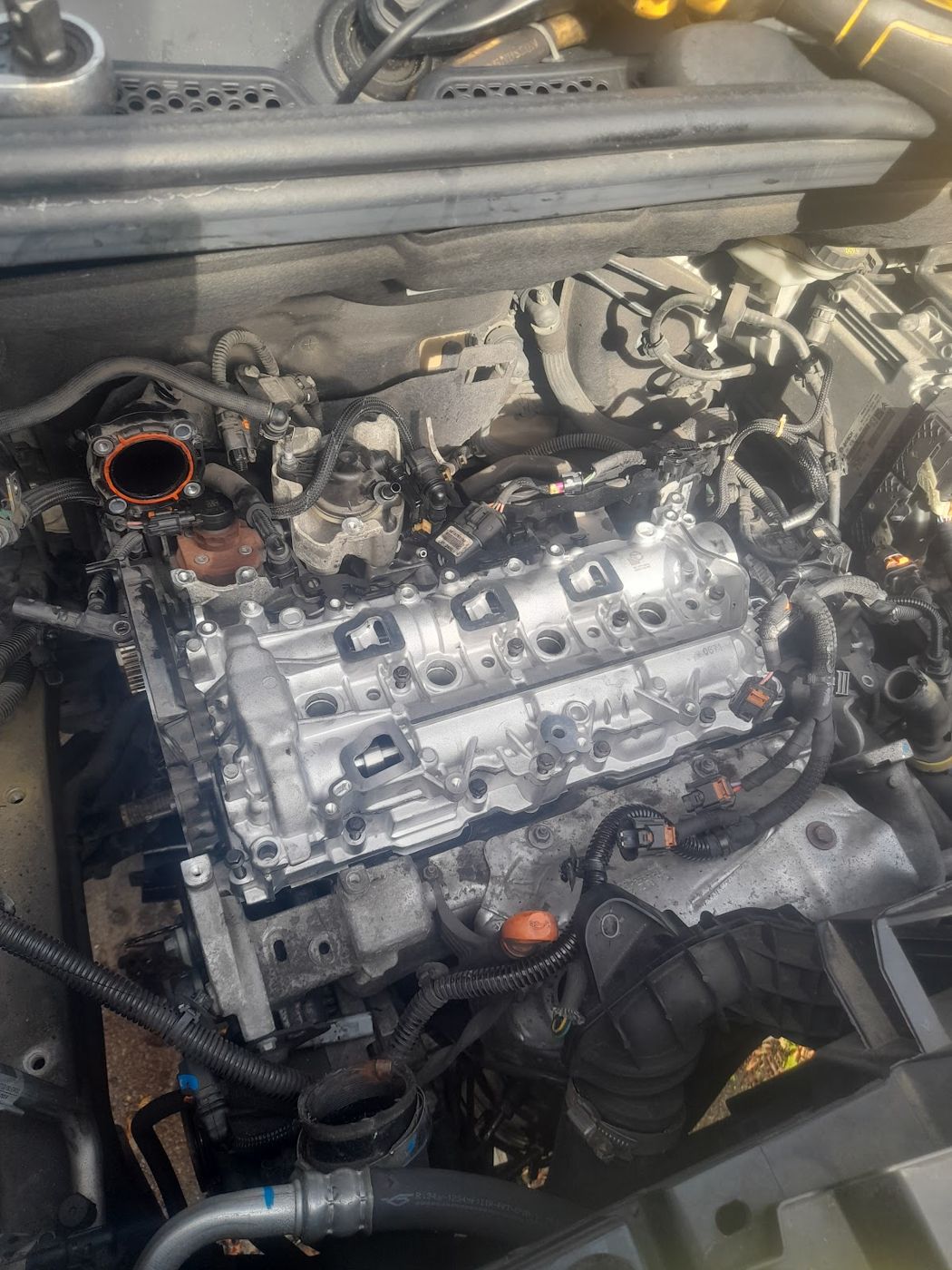 Engine bay with the top end stripped
